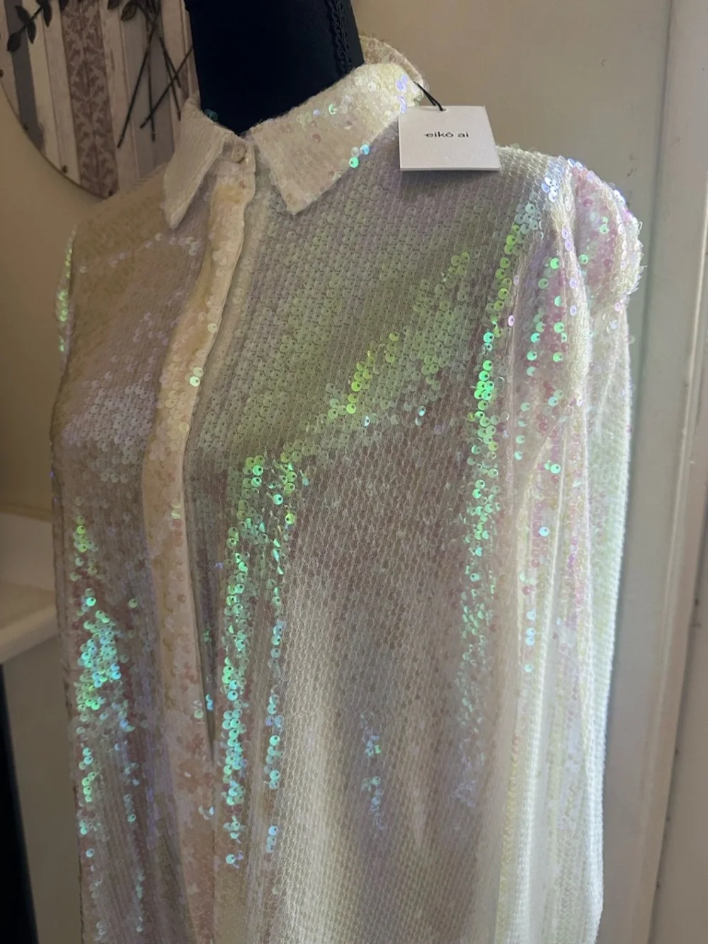 Iridescent Sequin Button-Down Shirt with Collar - Picture 2 of 5